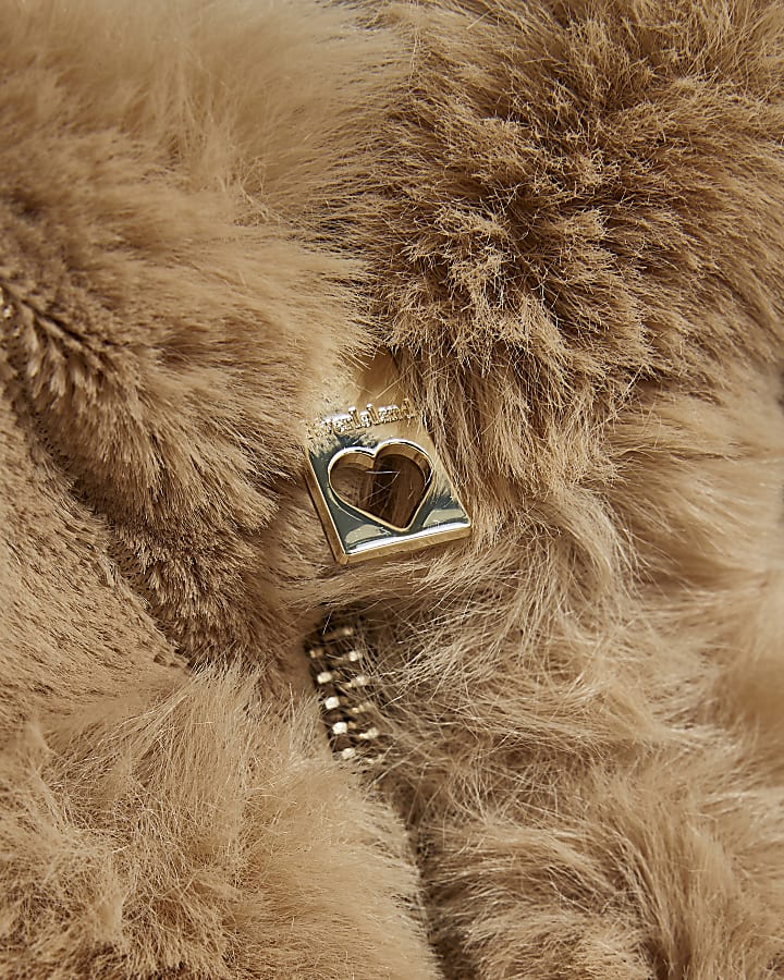 Girls Beige Cinched Faux Fur Coat