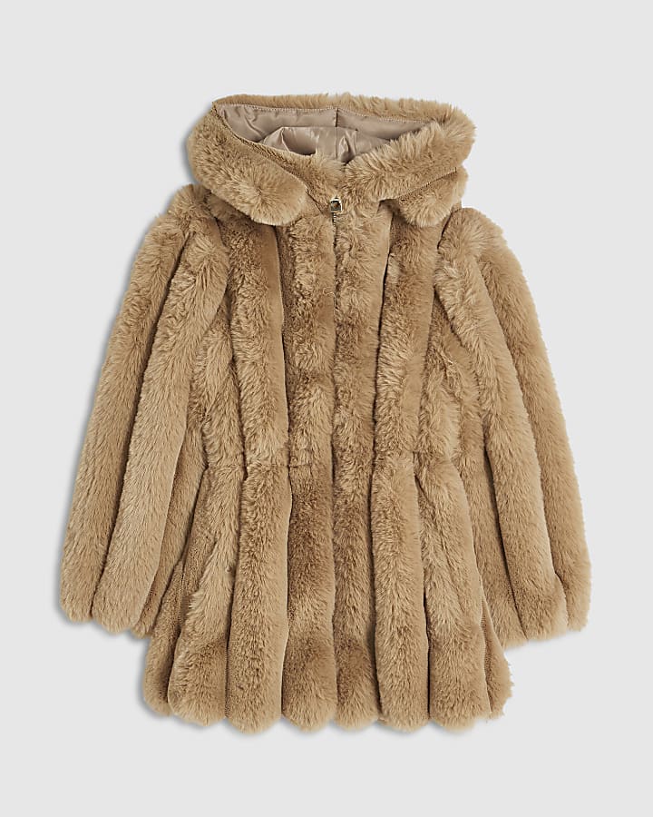 Girls Beige Cinched Faux Fur Coat