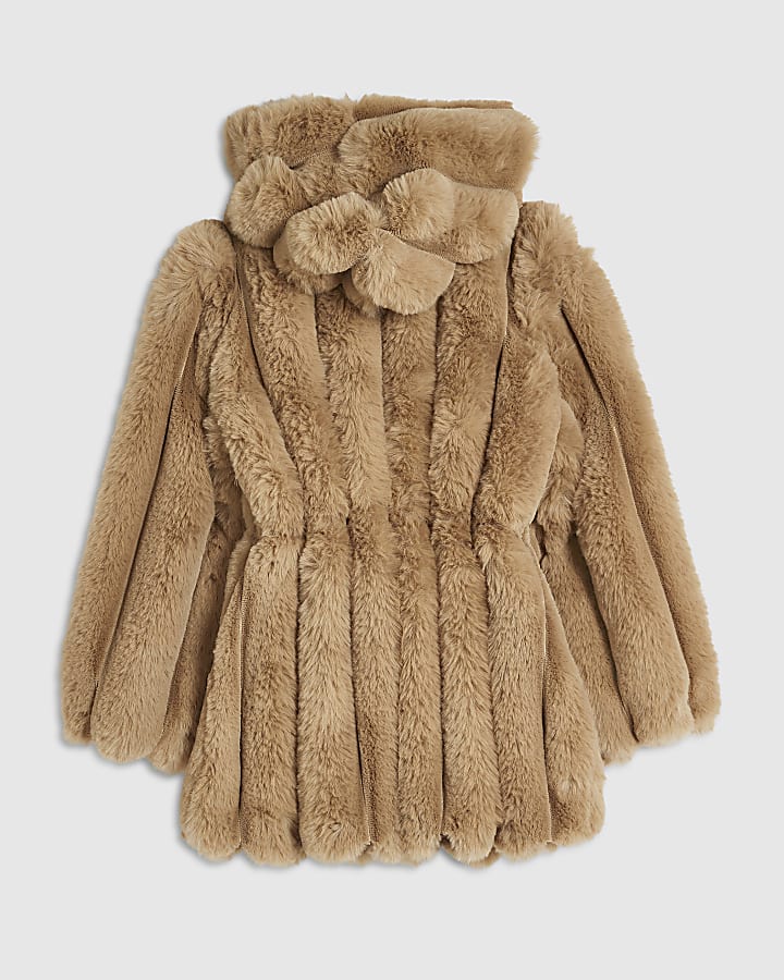 Girls Beige Cinched Faux Fur Coat