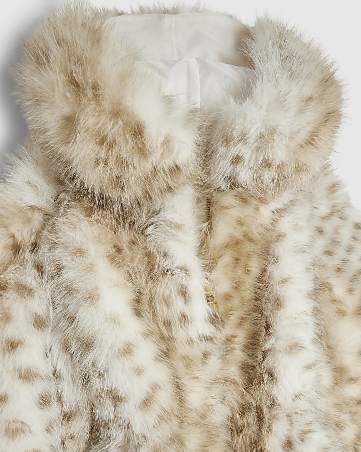 Girls Cream Deer Cinched Faux Fur Coat