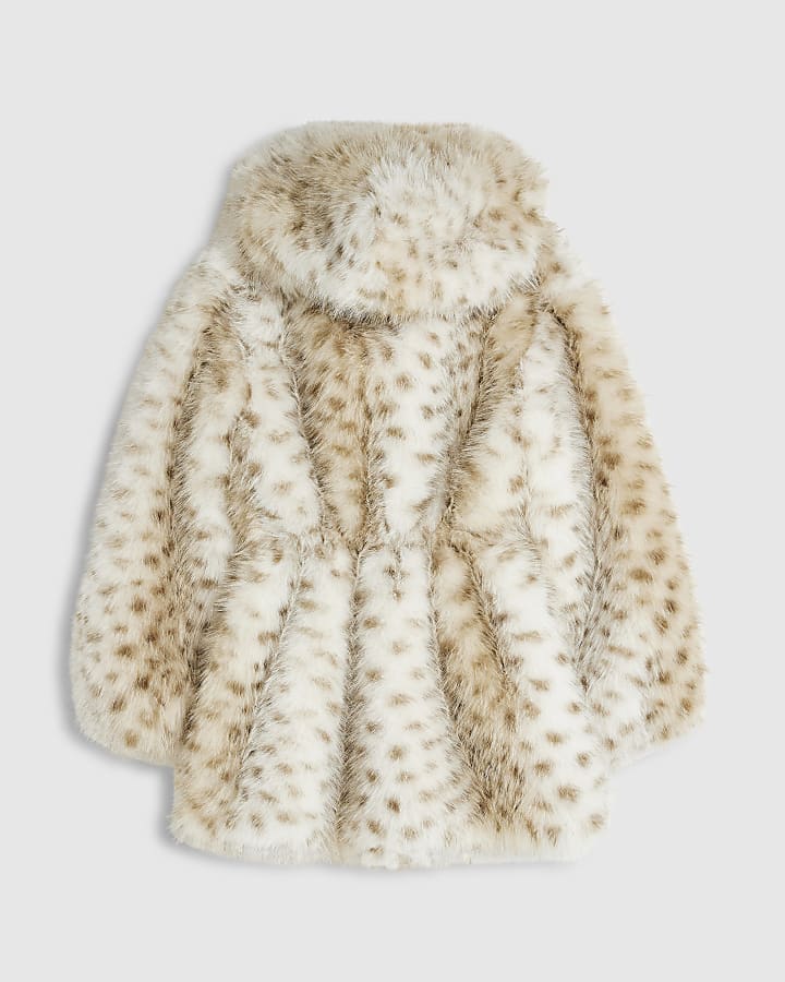 Girls Cream Deer Cinched Faux Fur Coat
