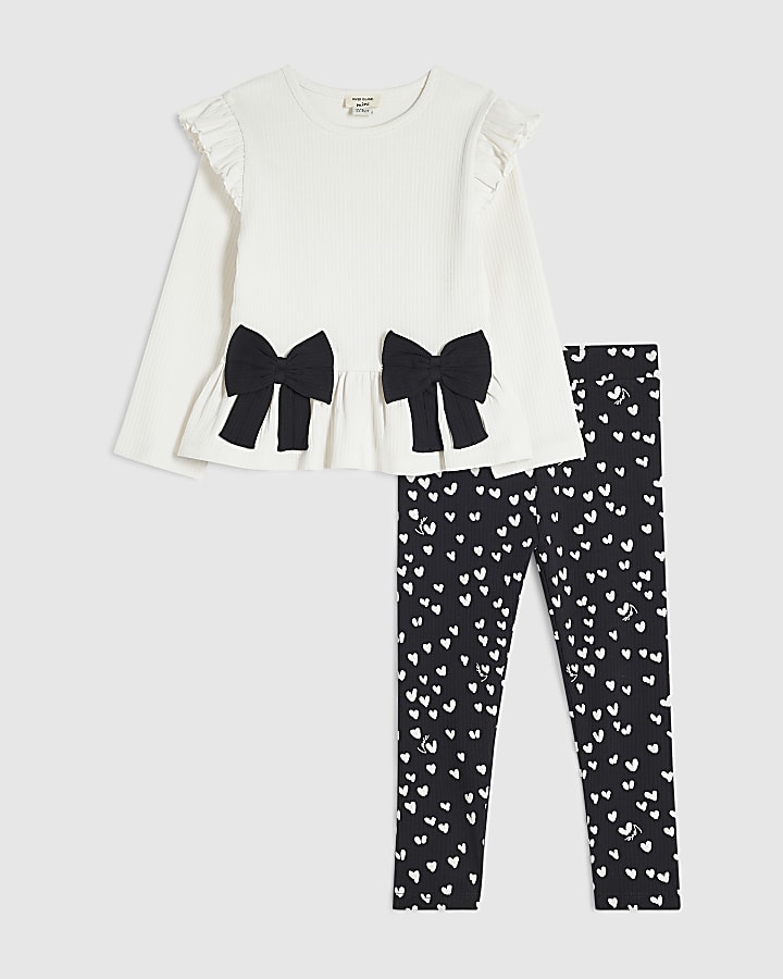 Mini Girls Cream Heart Leggings Set