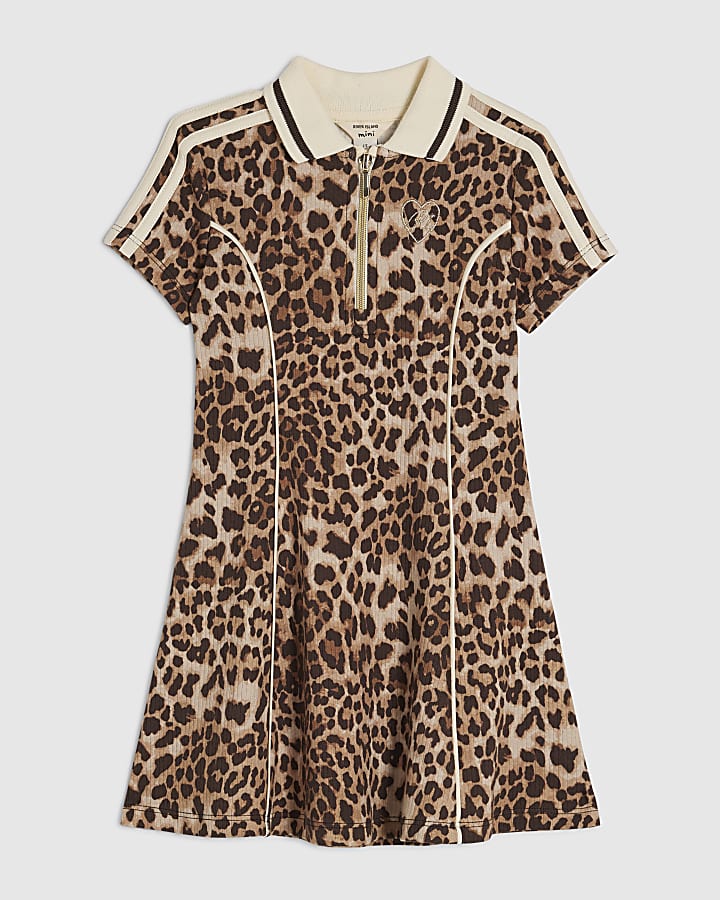 Mini Girls Brown Leopard Print Polo Dress