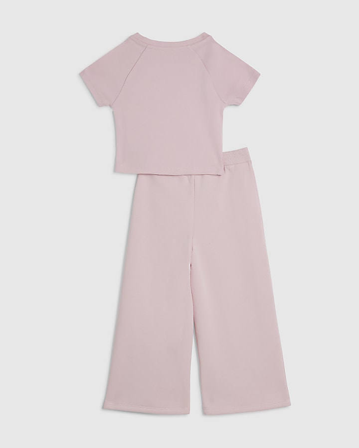 Mini Girls Pink Bow Taped Wide Leg Jogger Set