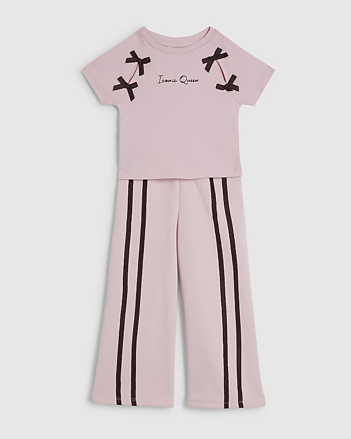 Mini Girls Pink Bow Taped Wide Leg Jogger Set