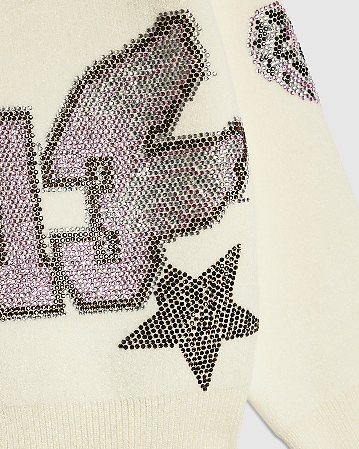 Mini Girls Cream Diamante Varsity Cardigan