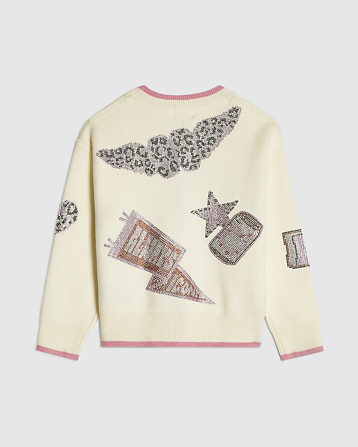 Mini Girls Cream Diamante Varsity Cardigan