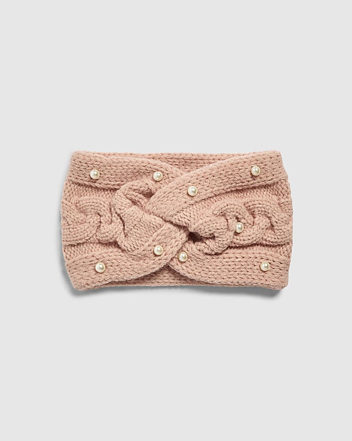 Girls Pink Knitted Pearl Bandeau Hairband