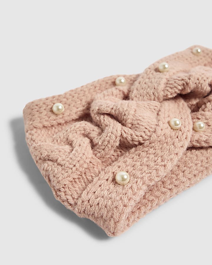 Girls Pink Knitted Pearl Bandeau Hairband