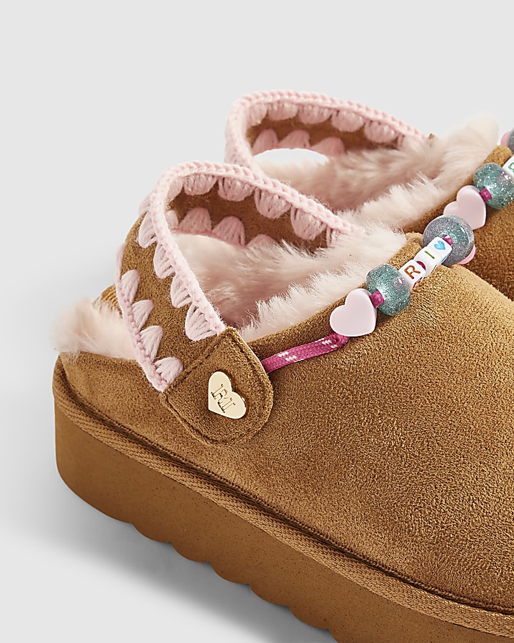 Girls Brown Beaded Faux Fur Lined Slippers