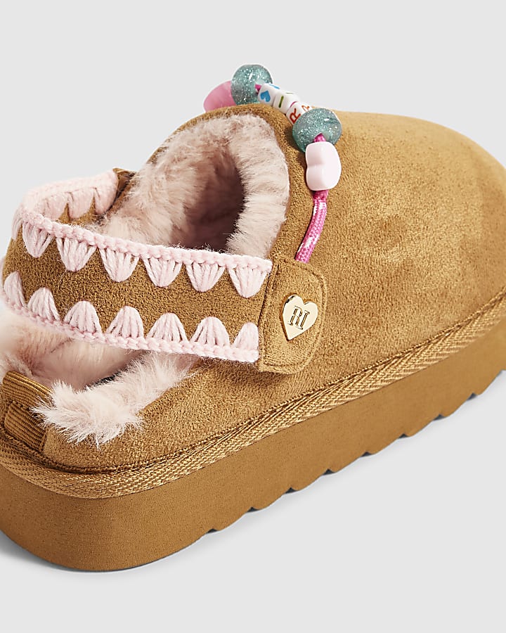 Girls Brown Beaded Faux Fur Lined Slippers