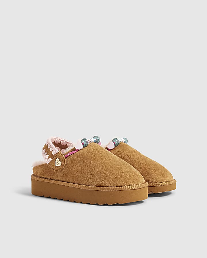 Girls Brown Beaded Faux Fur Lined Slippers