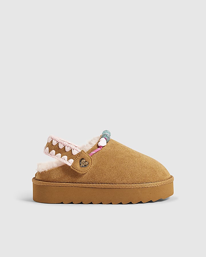 Girls Brown Beaded Faux Fur Lined Slippers