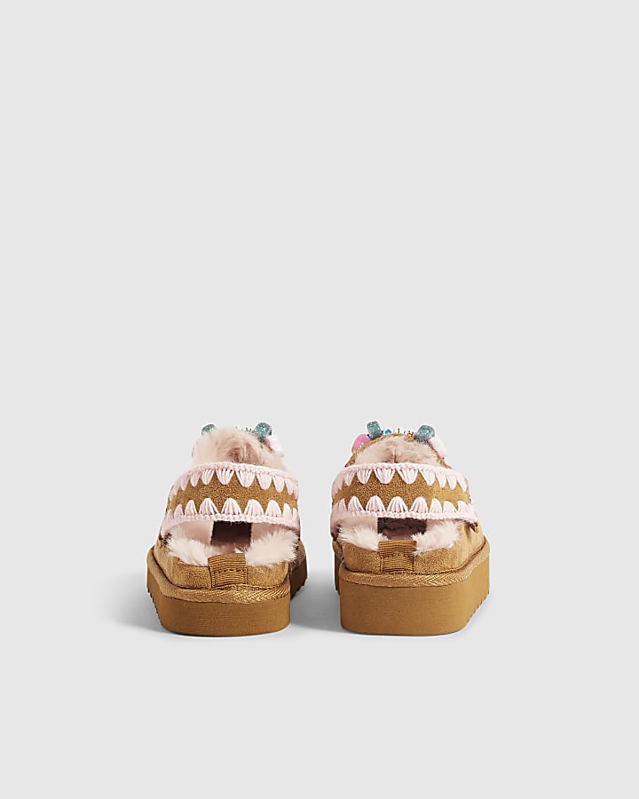 Girls Brown Beaded Faux Fur Lined Slippers