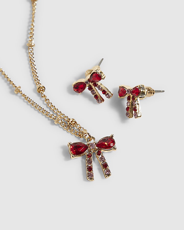 Girls Red Christmas Bow Earrings And Necklace