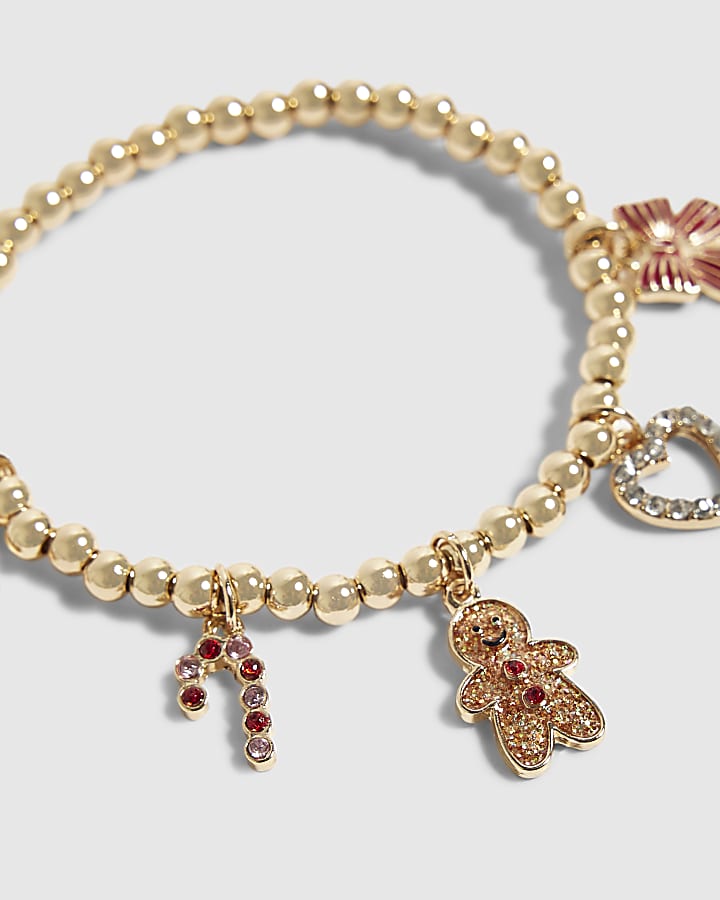 Girls Gold Christmas Stretch Beaded Bracelet