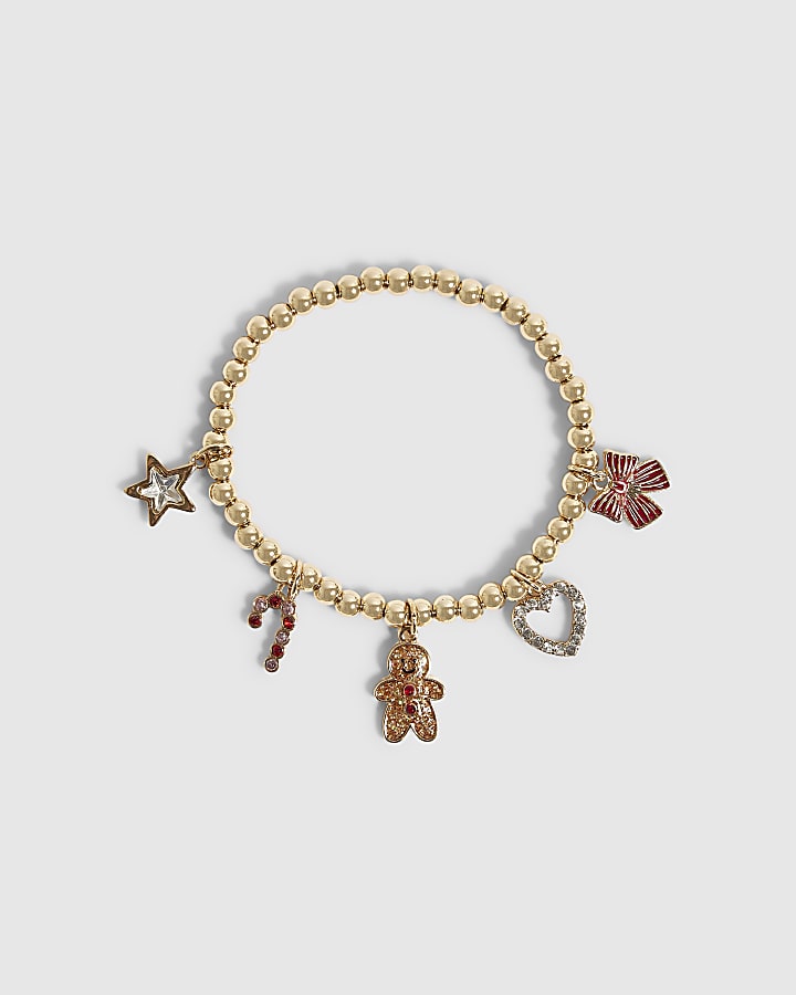 Girls Gold Christmas Stretch Beaded Bracelet