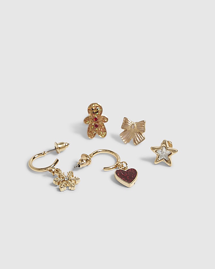 Girls Gold Multi Christmas Earrings 6 Pack