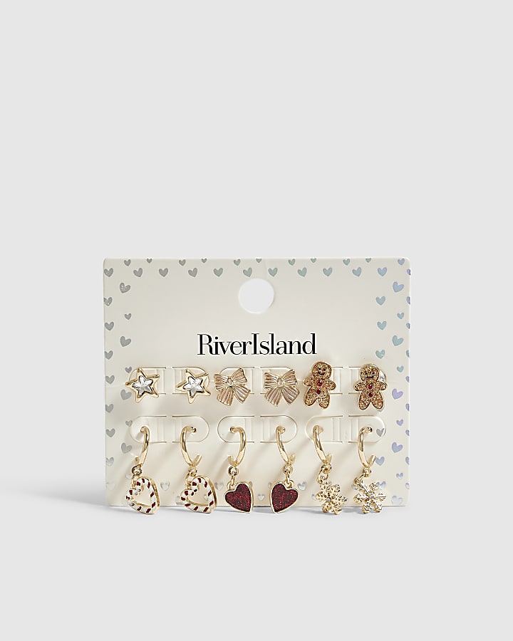 Girls Gold Multi Christmas Earrings 6 Pack