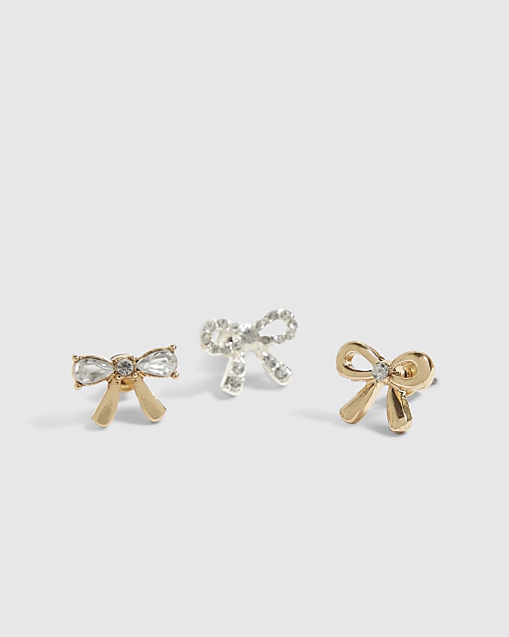 Girls Gold 3 Pack Bow Stud Earrings
