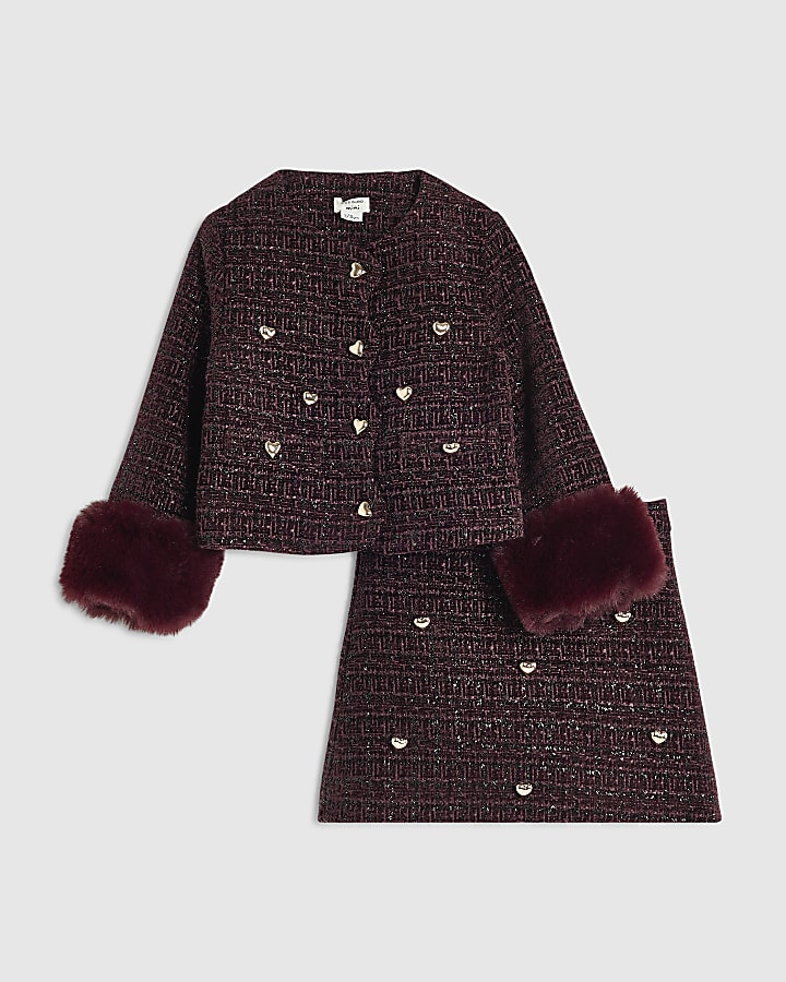Mini Girls Purple Boucle Heart Jacket Set