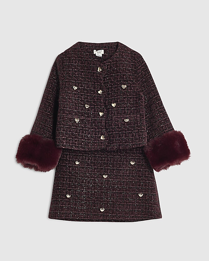 Mini Girls Purple Boucle Heart Jacket Set