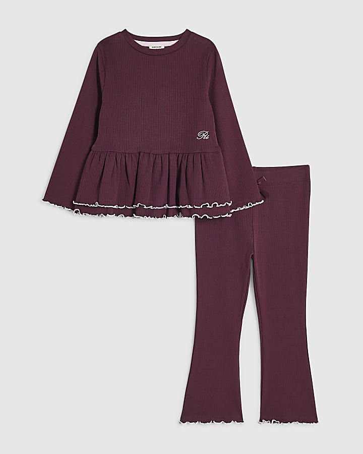 Mini Girls Purple Peplum Hem Rib Top Set