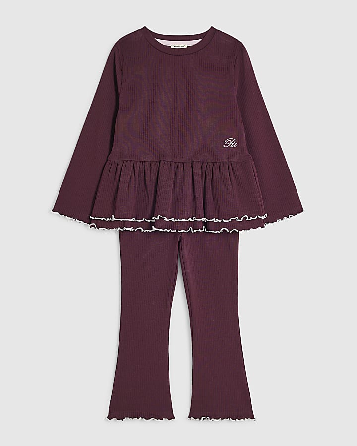 Mini Girls Purple Peplum Hem Rib Top Set