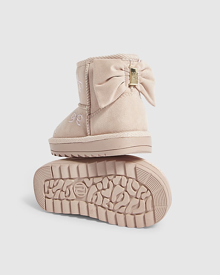 Mini Girls Pink Embroidered Bow Snug Boots