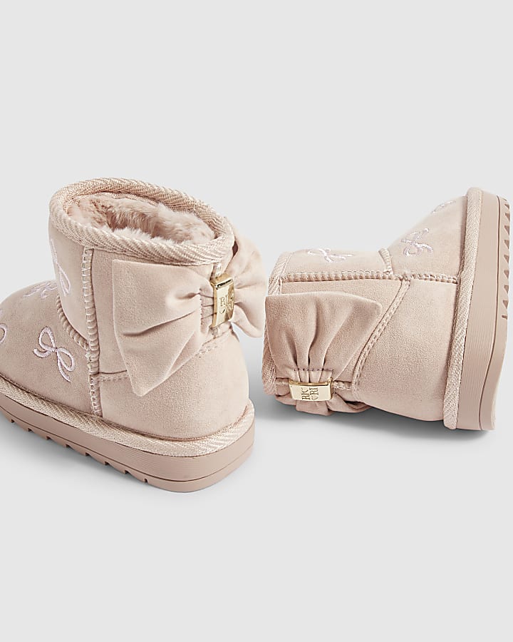 Mini Girls Pink Embroidered Bow Snug Boots