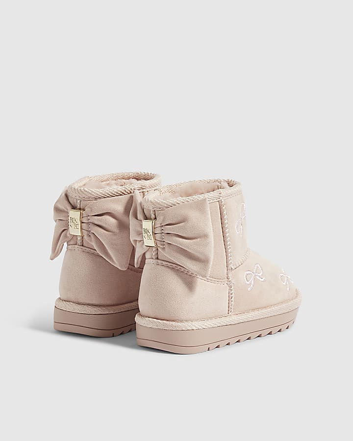 Mini Girls Pink Embroidered Bow Snug Boots