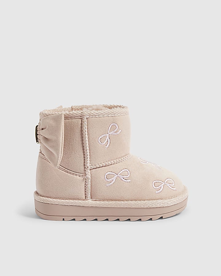 Mini Girls Pink Embroidered Bow Snug Boots