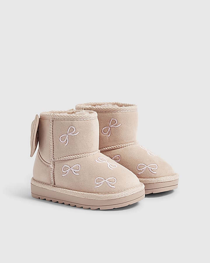Mini Girls Pink Embroidered Bow Snug Boots