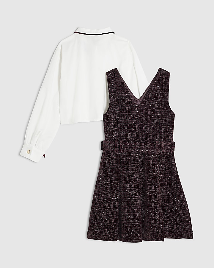Girls Purple Boucle Pinafore Shirt Dress