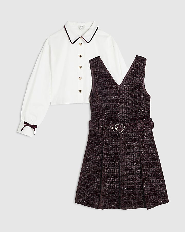 Girls Purple Boucle Pinafore Shirt Dress
