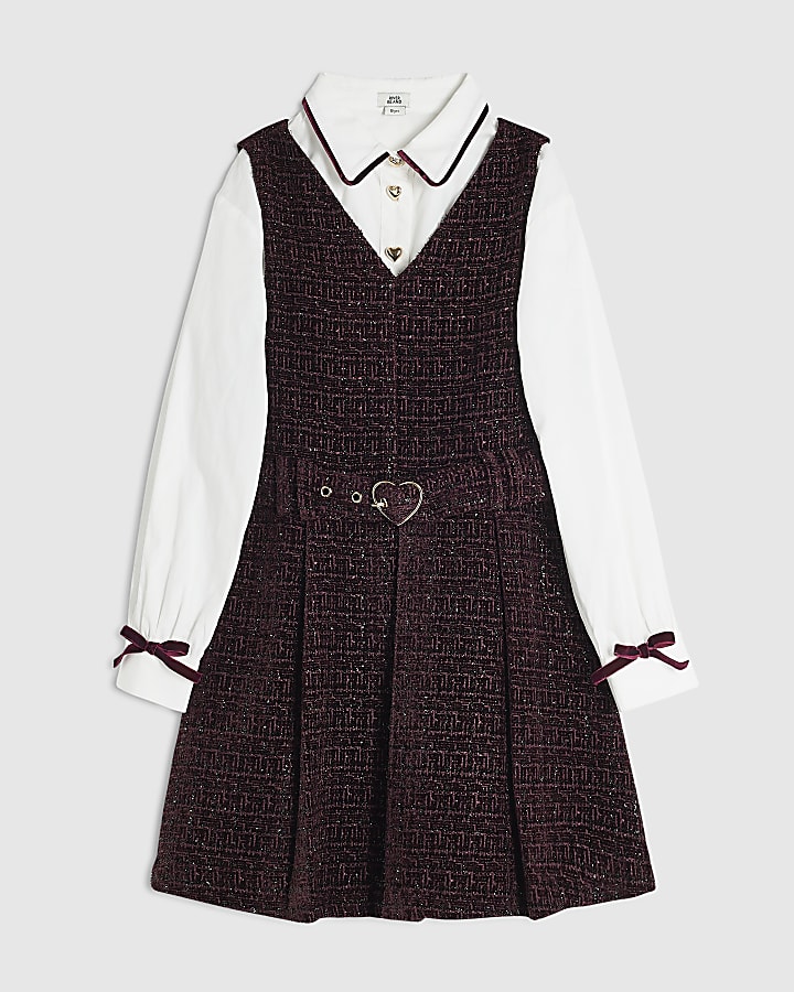 Girls Purple Boucle Pinafore Shirt Dress