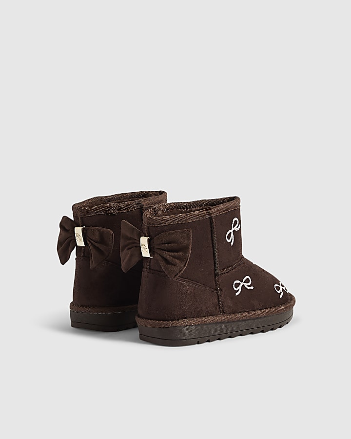 Mini Girls Brown Embroidered Bow Snug Boots
