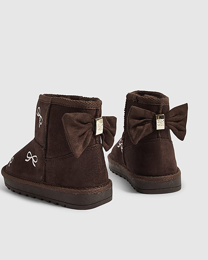 Mini Girls Brown Embroidered Bow Snug Boots