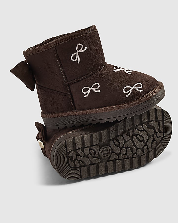 Mini Girls Brown Embroidered Bow Snug Boots