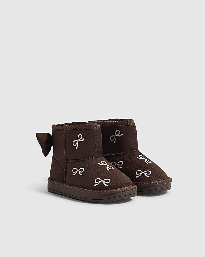 Mini Girls Brown Embroidered Bow Snug Boots