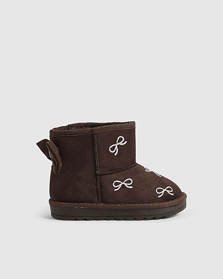 Mini Girls Brown Embroidered Bow Snug Boots