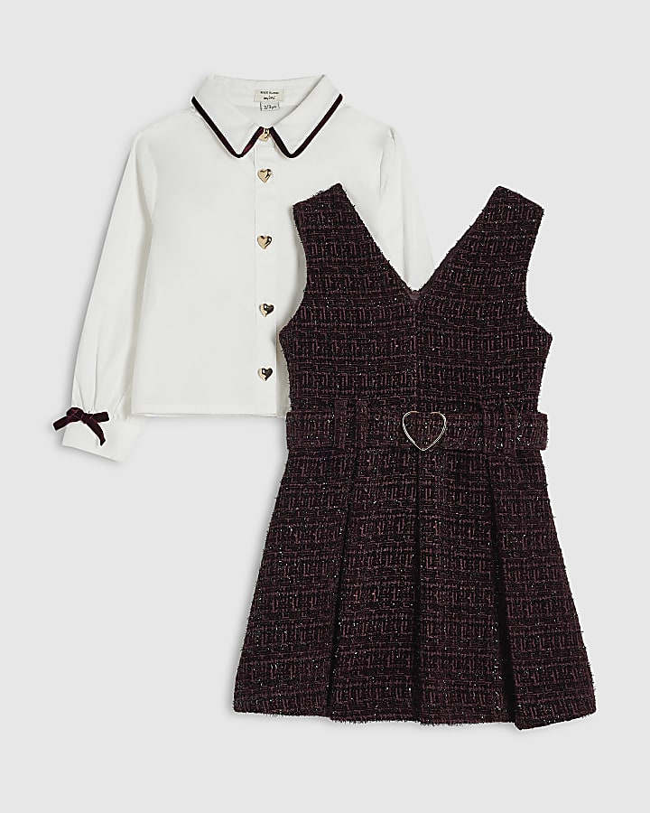Mini Girls Purple Boucle Pinafore Shirt Dress