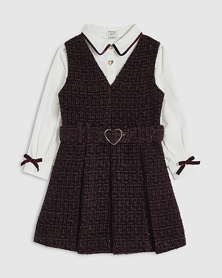 Mini Girls Purple Boucle Pinafore Shirt Dress