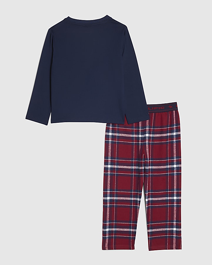 Mini Boys Navy Henley Neck Check Pyjamas Set