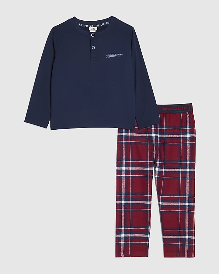 Mini Boys Navy Henley Neck Check Pyjamas Set