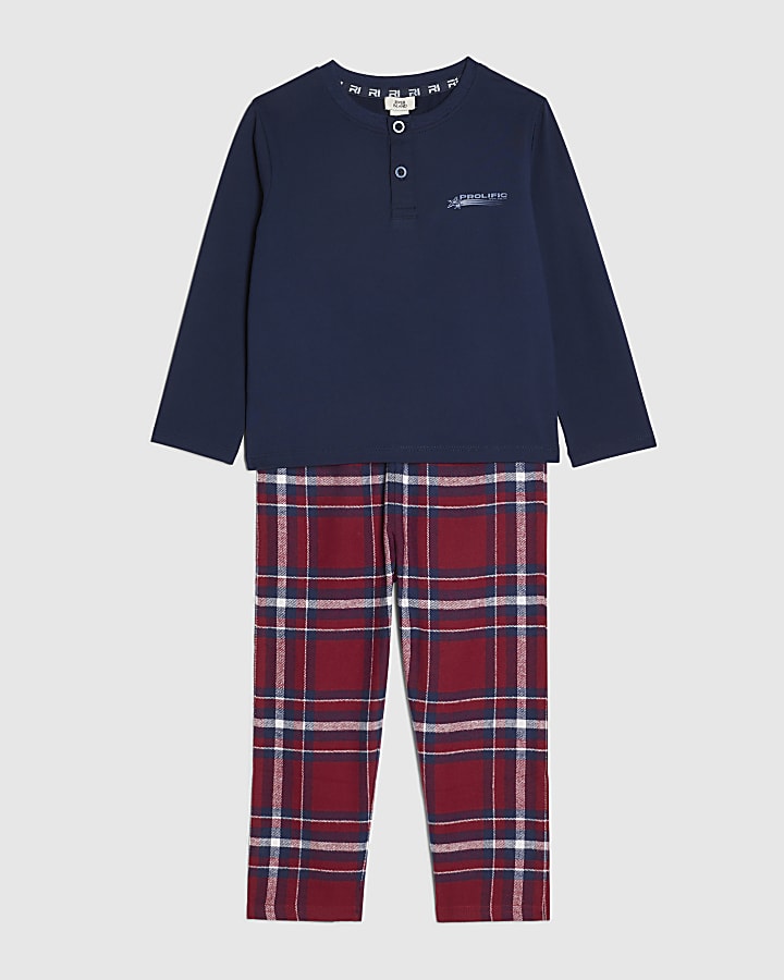 Mini Boys Navy Henley Neck Check Pyjamas Set