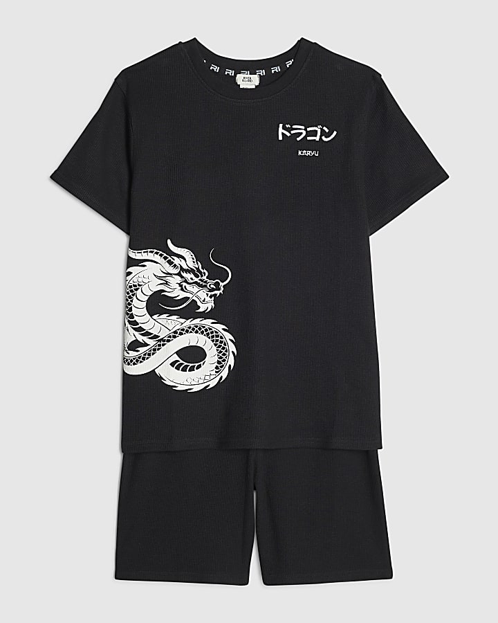 Boys Black Japanese Texture Pyjama Shorts Set