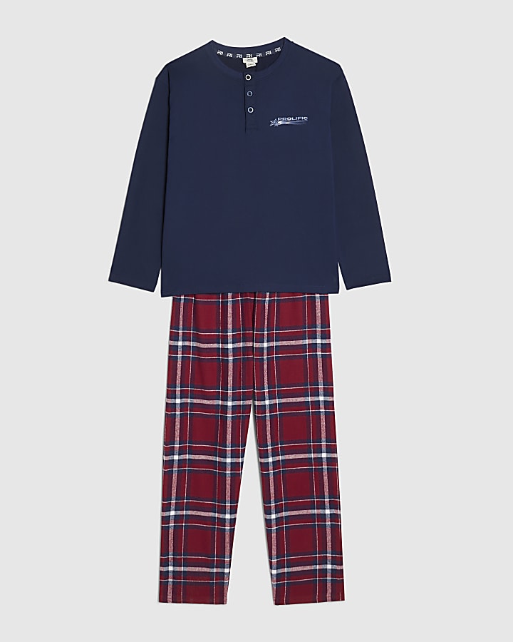 Boys Navy Henley Neck Check Pyjamas Set