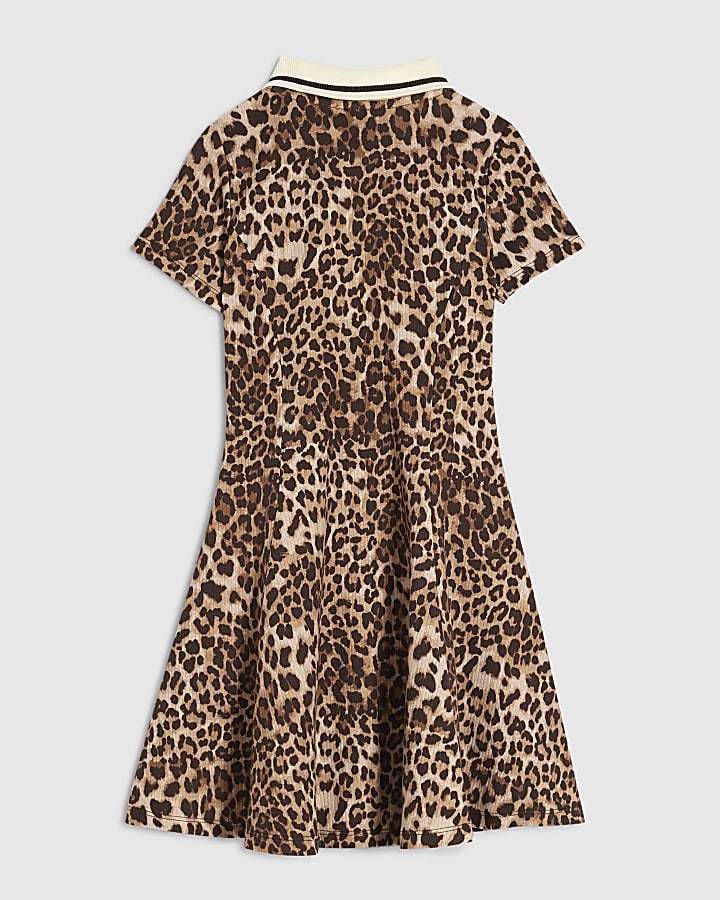 Girls Brown Leopard Polo Dress