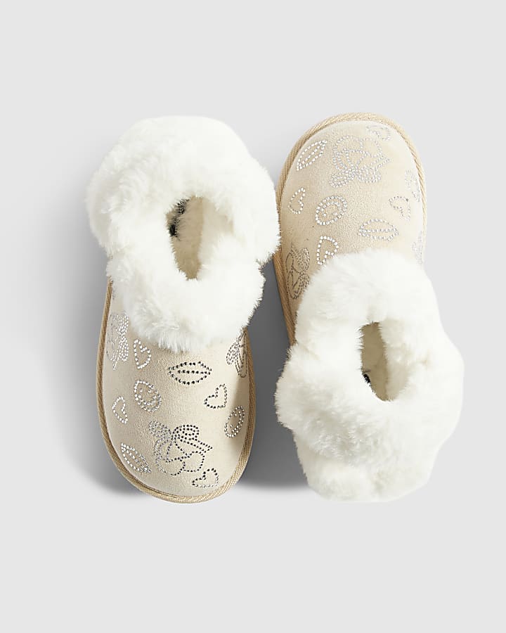 Girls Cream Diamante Snug Slippers